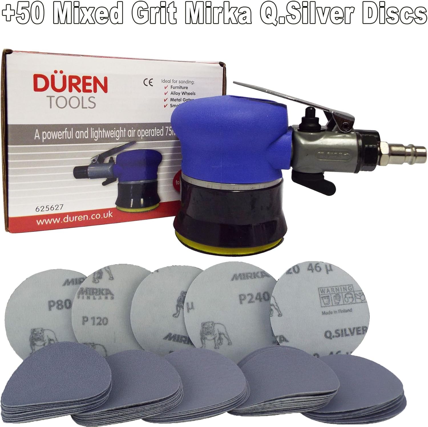 Duren 625627 75mm Mini Palm Air Sander (3") + 50 Mix Grit Sanding Discs