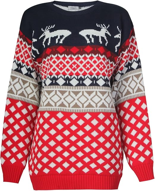 Womens Novelty Reindeer Print Knitted Christmas Jumper Sweater (M/L (UK 1214), Red/Navy