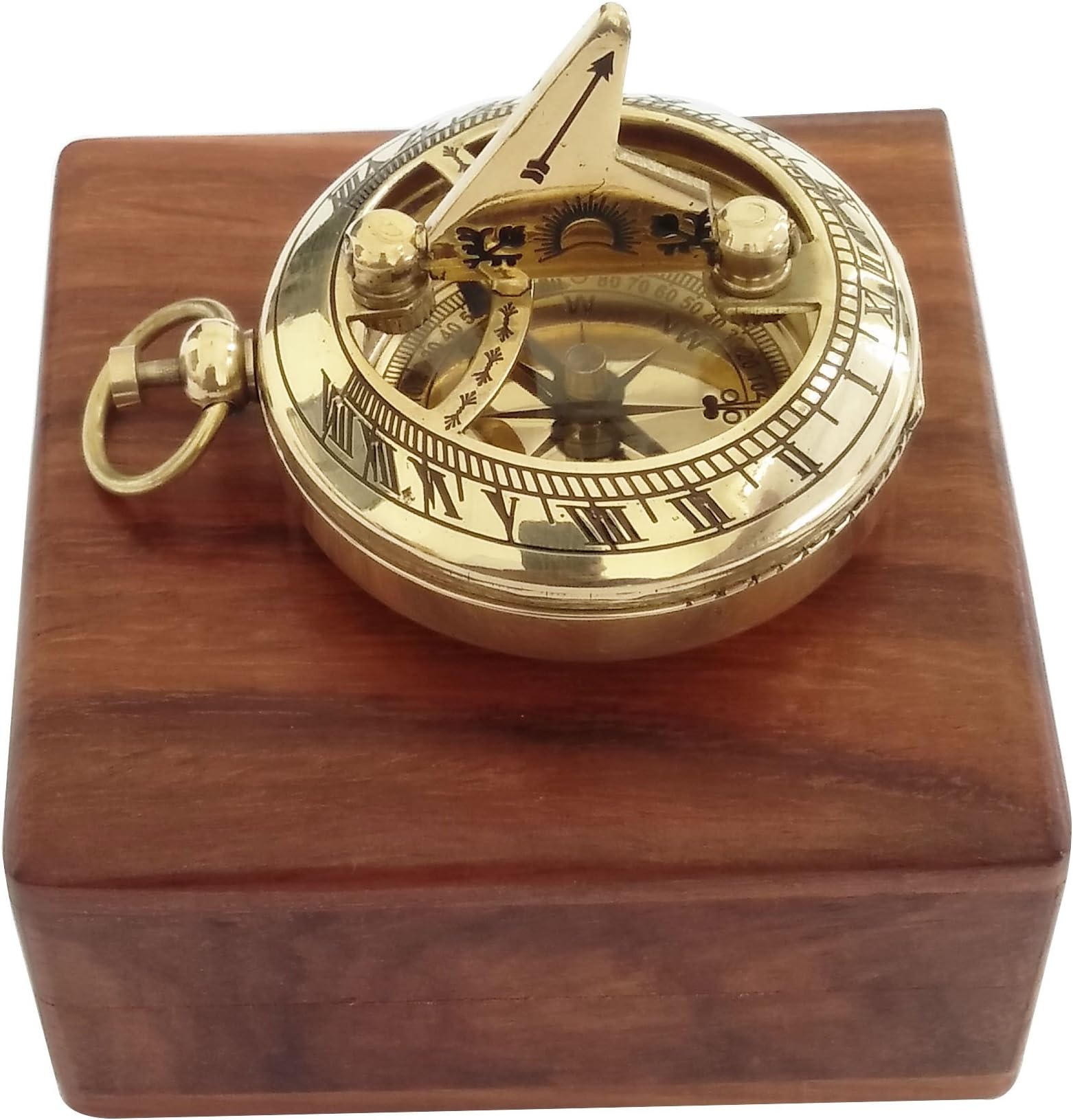 Artshai Golden 2 inch Sundial Magnetic Compass with Wooden Box