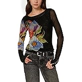 MISSACTIVER Floral Mesh Long Sleeve Shirts for Women Crew Neck Slim Fit Going Out Tops Y2k Beach Vacation Outfits Blouse