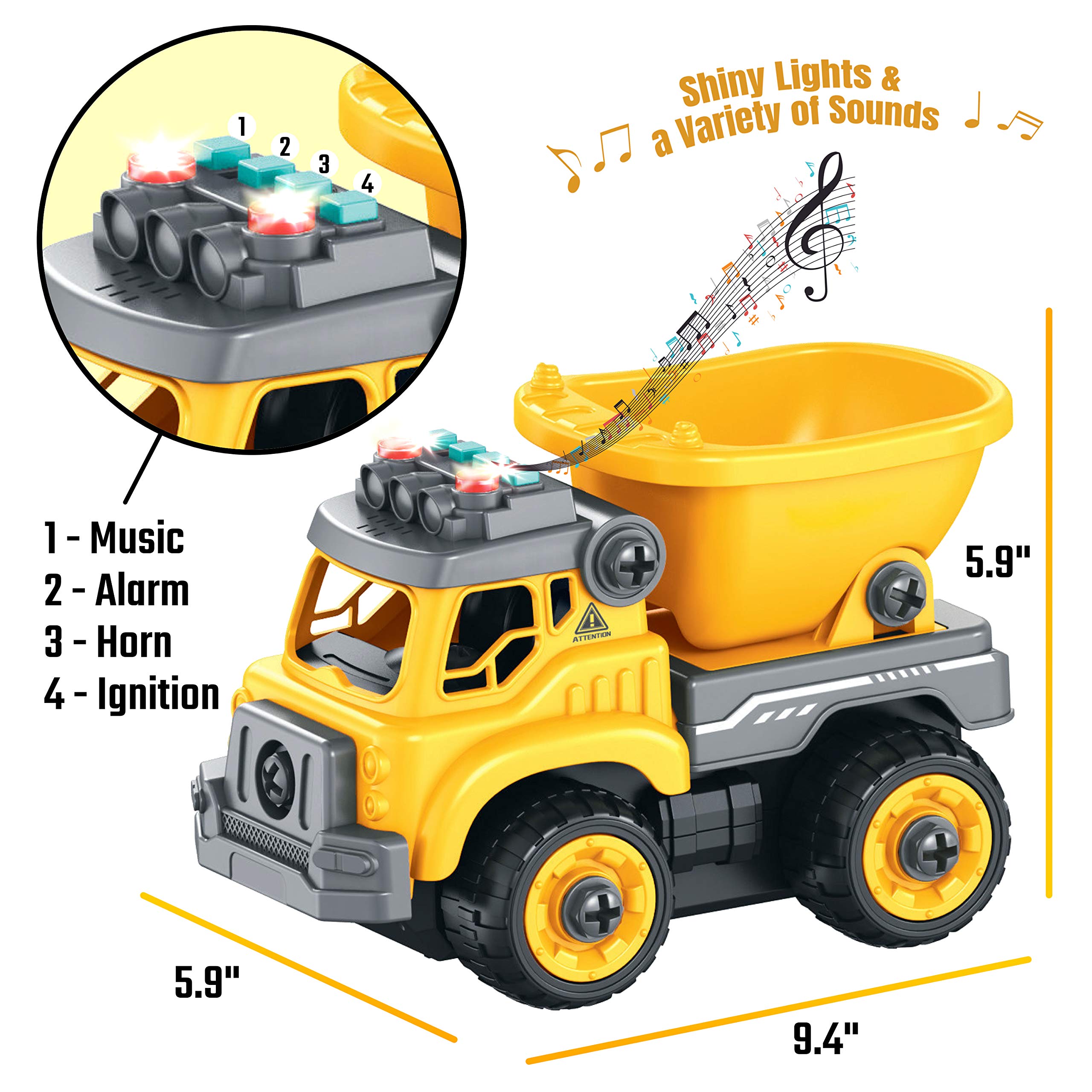 4-in-1 Take Apart Construction Toys for Kids, 36Pcs RC Car Trucks w/Electric 360° Drill Remote Control, DIY STEM Vehicle Building Toy, Sounds, Lights, Rechargeable, 3 4 5 6 7 Year Old Boys, Girls