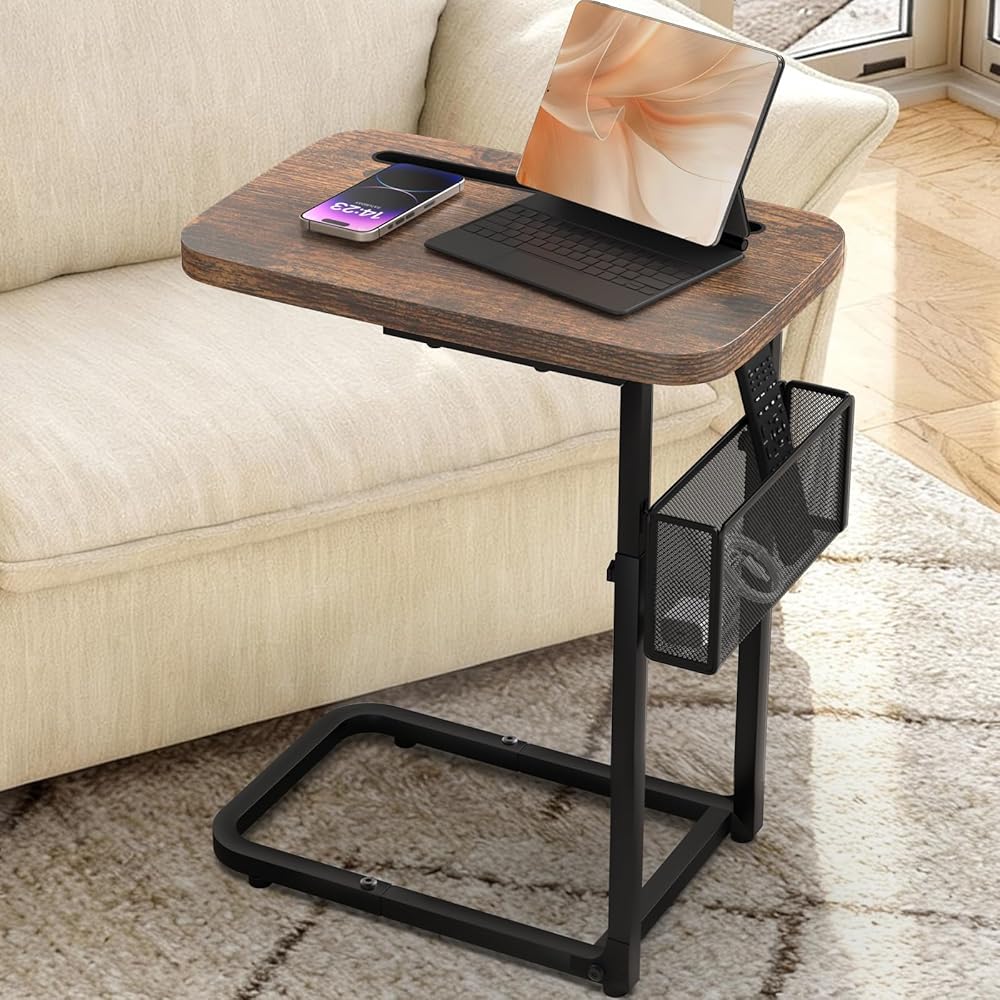 C Table End Table Adjustable Height,TV Tray Table with Storage Baskets,Strong Metal Frame,Tall C Shaped Side Table for TV Wat