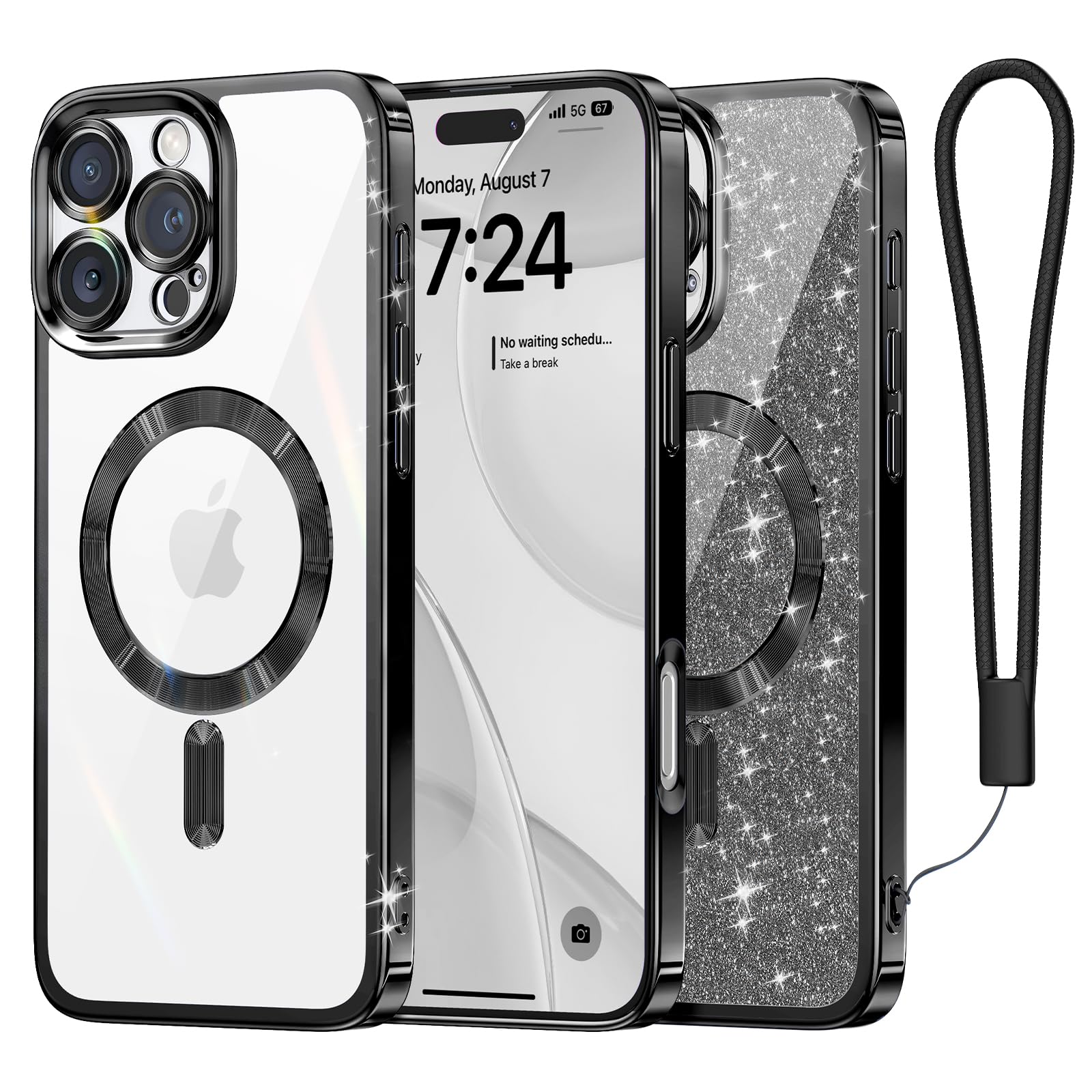 Meifigno for iPhone 16 Pro Max Case, [Glitter Card & Wrist Strap] [Compatible with MagSafe] [Military-Grade Protection] Surround Lens Protection Designed for 16 Pro Max Case 6.9", Black Titanium