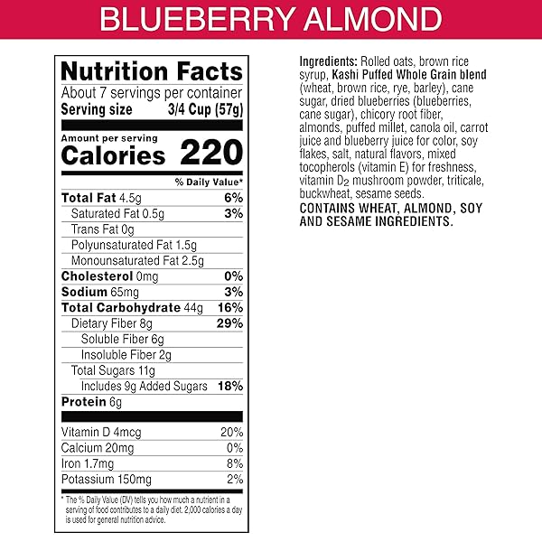 KASHI COLD BREAKFAST CEREAL, EXCELLENT SOURCE OF VITAMIN D, FIBER CEREAL, BLUEBERRY ALMOND, 14.5OZ BOX (1 BOX)