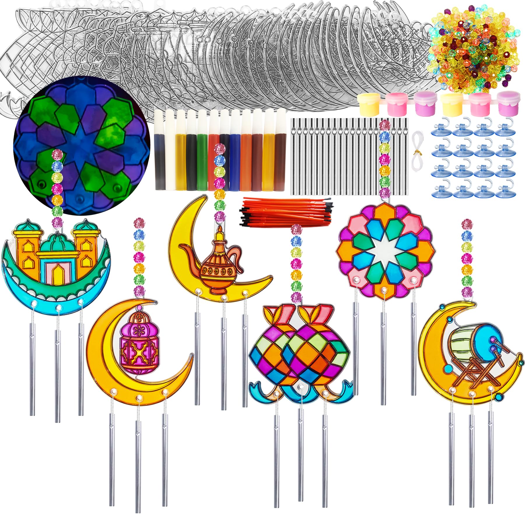 Photo 1 of Ayhuhra 30 Sets Ramadan Suncatcher Wind Chime Crafts Kits Eid Al Fitr Sun Catcher DIY Window Art Moon and Star Suncatchers Lantern Mosque Sun-Catcher for Islamic Craft Ramadan Mubarak Decorations