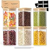 SENTVEND 37 Oz Glass Storage Jars with Bamboo Lids - 6 Pack Clear Glass Canisters Square Airtight Stackable Ideal for Pantry 