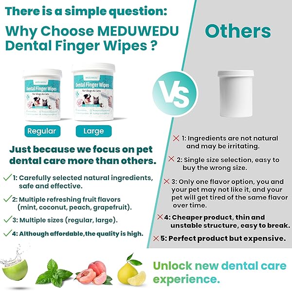 MEDUWEDU DENTAL CARE FINGER WIPES 60 COUNTS,TEETH CLEANING FINGER WIPES FOR DOGS & CATS,REDUCES PLAQUE & SUPPORTS ORAL FRESHNESS, PEACH SCENT