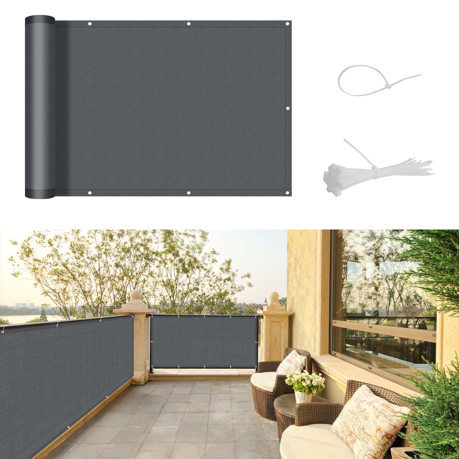 SUNNY GUARD Balcony Privacy Screen 75x500cm Fence Screen for Balcony and Patio Cover,UV protection waterproof and windproof,with Cable Ties,Anthracite