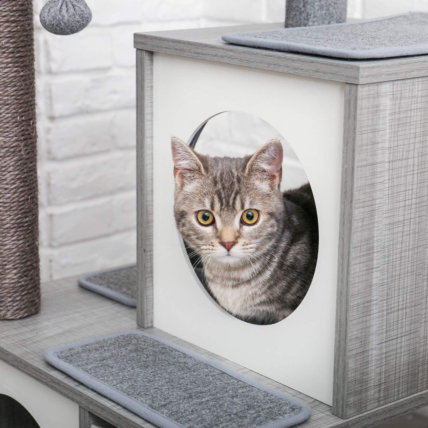 PAWZ Road Cat Tree Luxury Cat Tower with Double Condos, Spacious Perch, Fully Wrapped Scratching Sisal Posts and Replaceable Dangling Balls- Wooden Grey : Pet Supplies