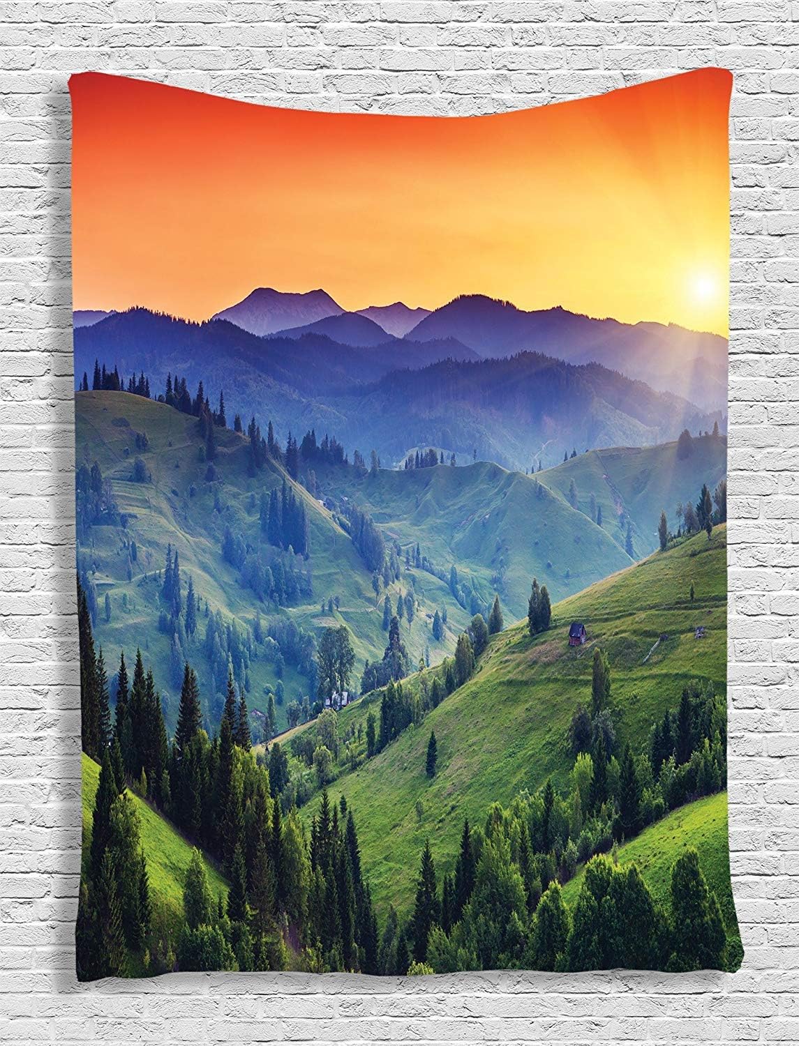 Ambesonne Mountain Tapestry, Colorful Sunset in European Countryside Landscape Rural Trees Greenery, Wall Hanging for Bedroom Living Room Dorm, 60" X 80", Orange Green