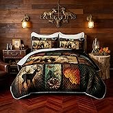 HOSIMA King Size Quilt,Deer Bear Print Forest Bedding Sets for Hunting Room Decor,Pine Cone Pattern Brown Hunting Themed Plaid Patchwork Bedding Quilts with 2 Pillowcases.