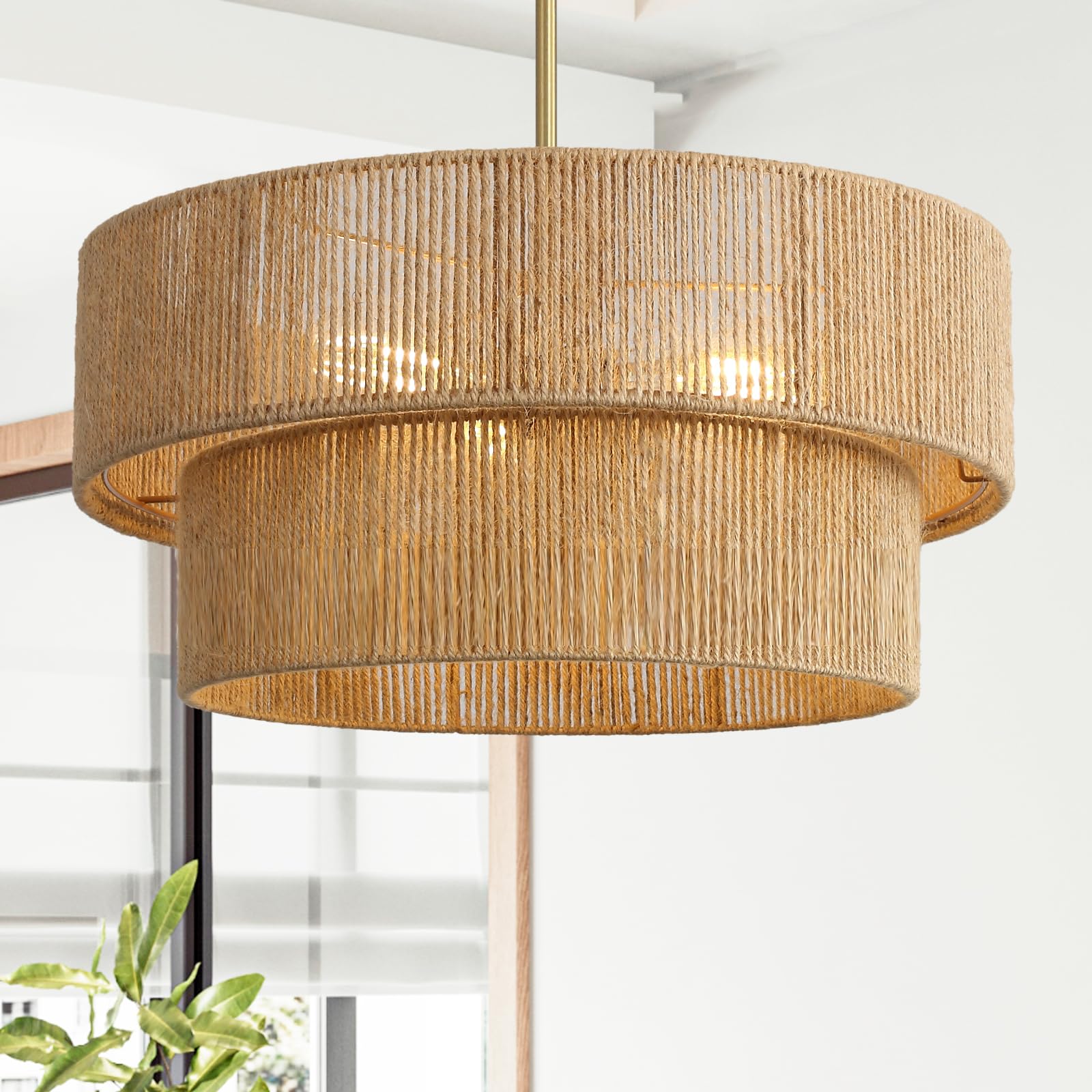 View 1 of ****It's used and it's unknown if it's missing parts and it's not known if it works 100%**** 18'' Boho Rattan Chandelier Hand Woven Chandelier Light Fixture 3-Light Farmhouse Drum Pendant Light for Dining Room Bedroom Kitchen Hallway Foyer