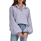 OPOIPIN Women's Striped Print Bishop Long Sleeve Collar V Neck Button Down Blouse Shirt Top