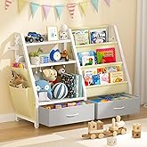 Twinkoo Kids Bookshelf and Toy Organizer, Sturdy 3 Tier Kid Bookcase, Sling Bookshelf and 2 Toy Bins, Toddler Montessori Book Shelf with Toy Storage Organizer for Children Room, Playroom, Nursery