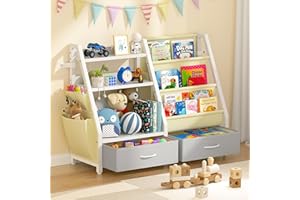Twinkoo Kids Bookshelf and Toy Organizer, Sturdy 3 Tier Kids Bookcase, Sling Bookshelf and 2 Toy Bins, Toddler Montessori Book Shelf with Toy Storage Organizer for Children Room, Playroom, Nursery
