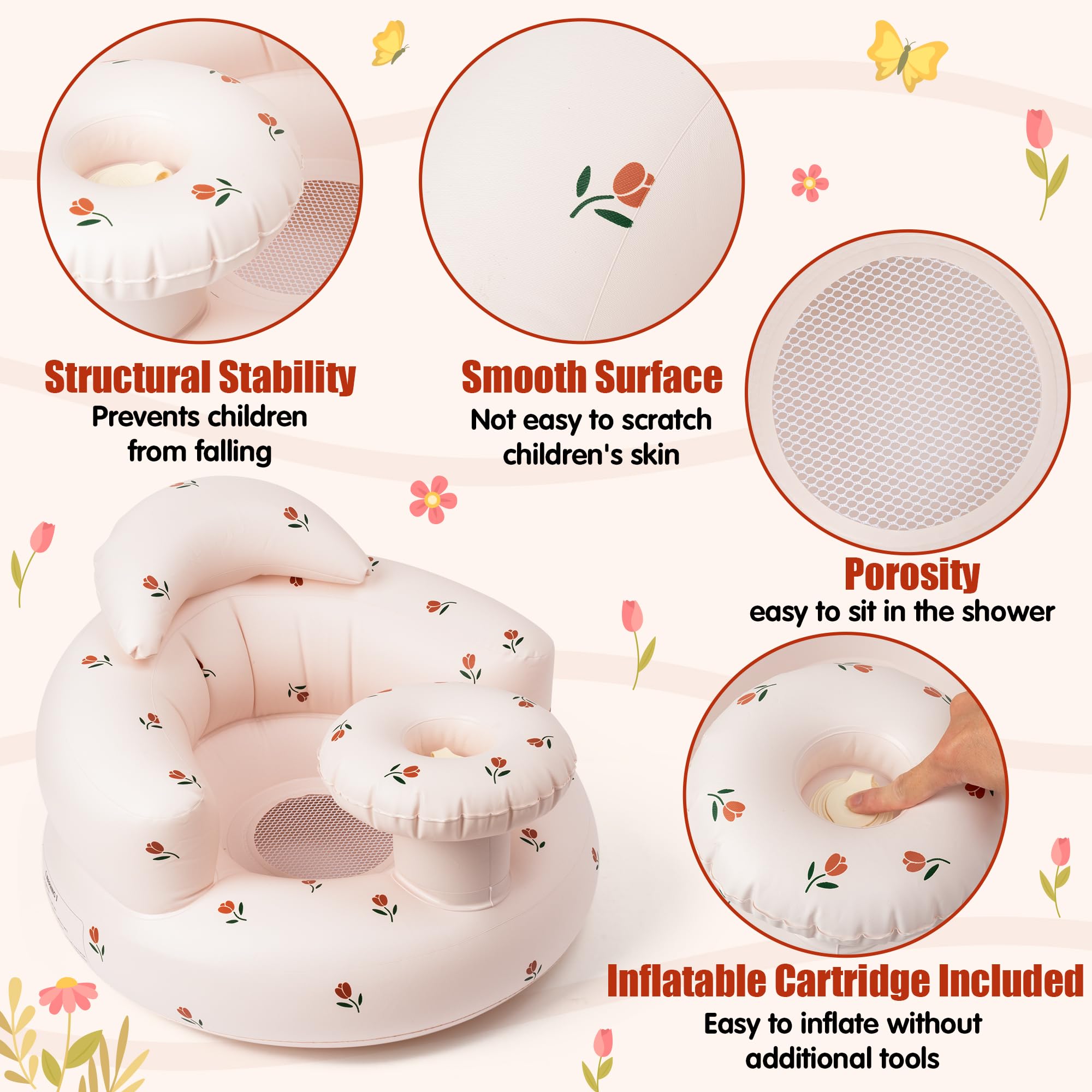 GerdfeiTawtab Inflatable Baby Seat, Flowers Portable Inflatable Infant Chair for Baby 3 Months and Up, Floor Seater Baby Support Seat with Built in Air Pump for Kids Learning to Sit Feeding