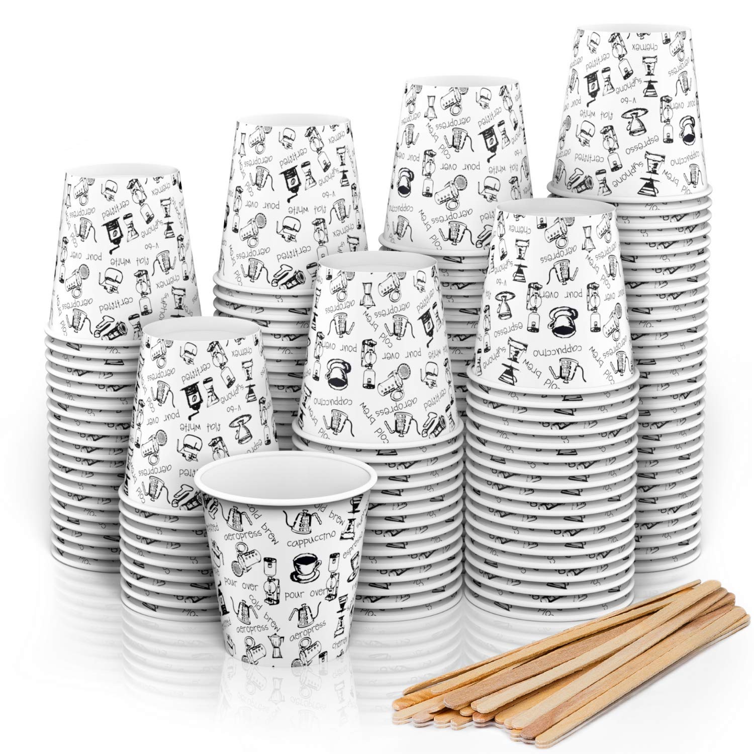 140 Espresso Paper Cups Coffee to Go 110 ml 4 Oz with Wooden Stirrers (140)