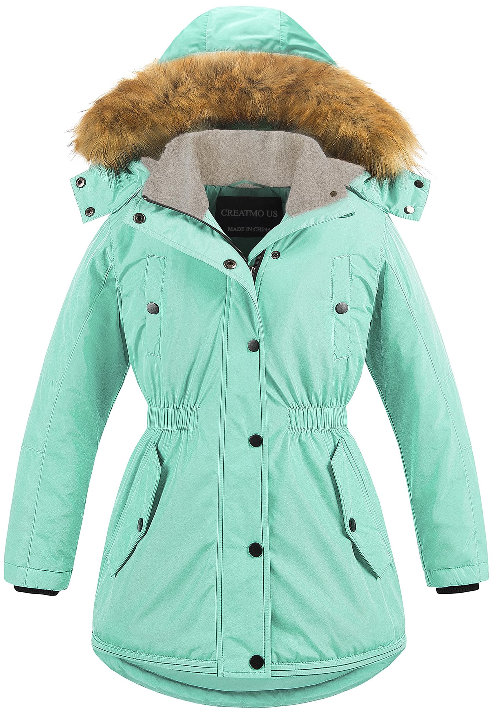 CREATMO US Girls Coats Faux Fur Puffer Jacket Winter Jackets Snow Girl's Waterproof Coat Warm Hooded Parka Long Mint Green 10-12 Image