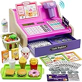 HYES Wooden Cash Register Toy for Kids with Scanner, Rechargeable Shopping Cart Toy for Toddlers, 2 in 1 Grocery Store & Rest