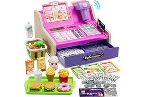HYES Kids Cash Register Toys, Rechargeable Wooden Toddler Pretend Play Supermarket & Fast Food Restaurant, Cashier Toy with Play Money, Pretend Food, Birthday Gifts for Kids Boy & Girl Age 4-8, Pink