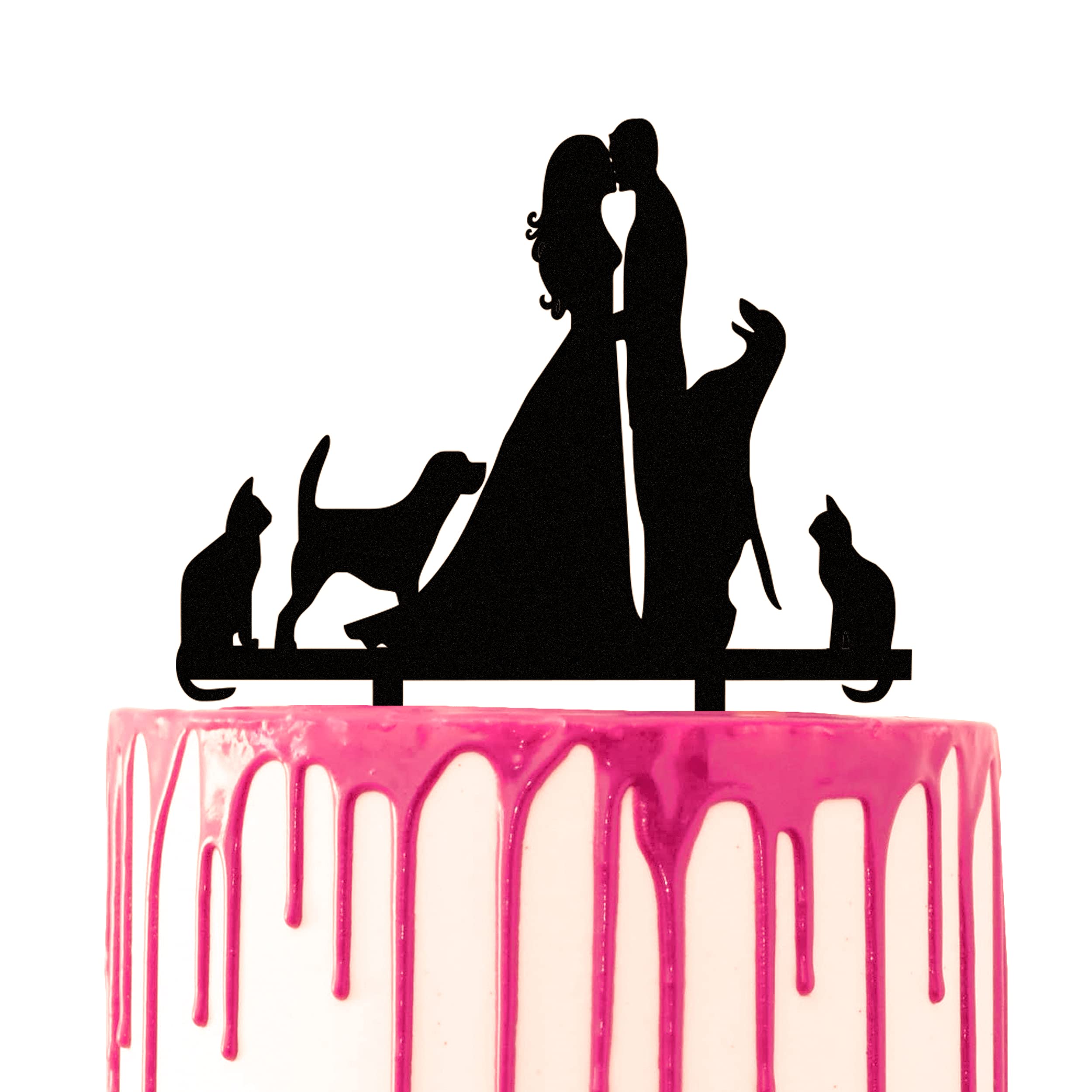CARISPIBET Wedding Cake Topper Marriage party cake decorative Acrylic cake decoration two dogs two cats animal lovers Groom & Bride Kiss Cake Topper