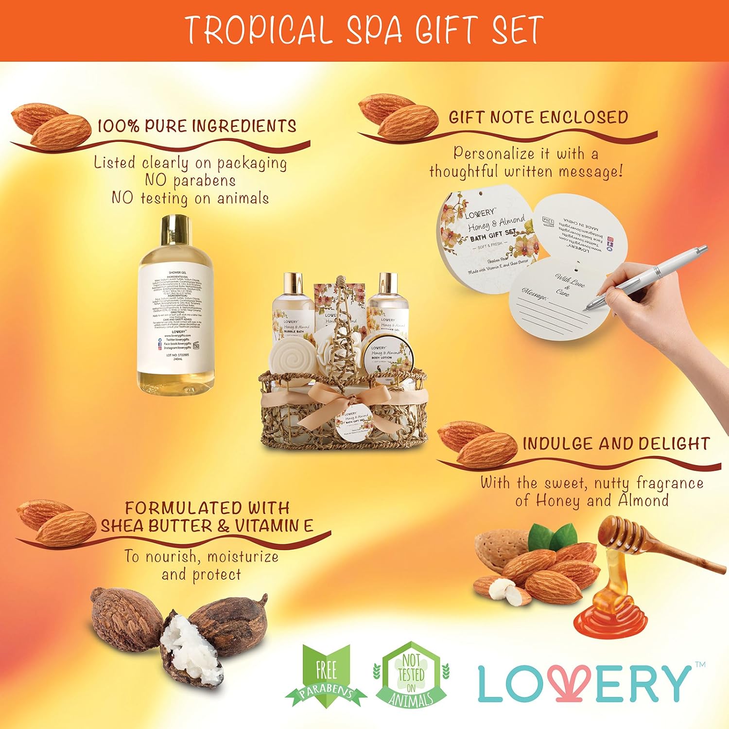 Home Spa Gift Basket - Honey & Almond Scent - Luxury Bath & Body Set For Women and Men - Contains Shower Gel, Bubble Bath, Body Lotion, Bath Salt, Bath Bomb, Bath Puff & Handmade Weaved Basket : Beauty