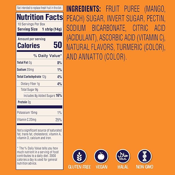 WELCH’S ABSOLUTE FRUITFULS FRUIT STRIPS, TASTY DRIED FRUIT SNACKS FOR SCHOOL LUNCHES, MANGO PEACH, 0.5OZ (PACK OF 10)
