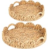 ATEDIR 2-Pack Wicker Basket Tray, Round Serving Tray with Handles, Rattan Woven Decorative Tray, Natural Water Hyacinth Scalloped Tray for Home Decor and Desk Organizer
