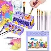 Velachuan Paint Brush Cleaning Kit for Kids with 5 Brushes, Art Smock, Washable Mat, Guidebook, Spiral Brush Cleaner Jar for Watercolor(Purple)