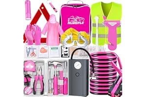 HLWDFLZ Car Roadside Emergency Kit, Vehicle Truck Safety Emergency Road Side Assistance Kits with Jumper Cables, Auto Air Compressor Tire Inflator, Pink