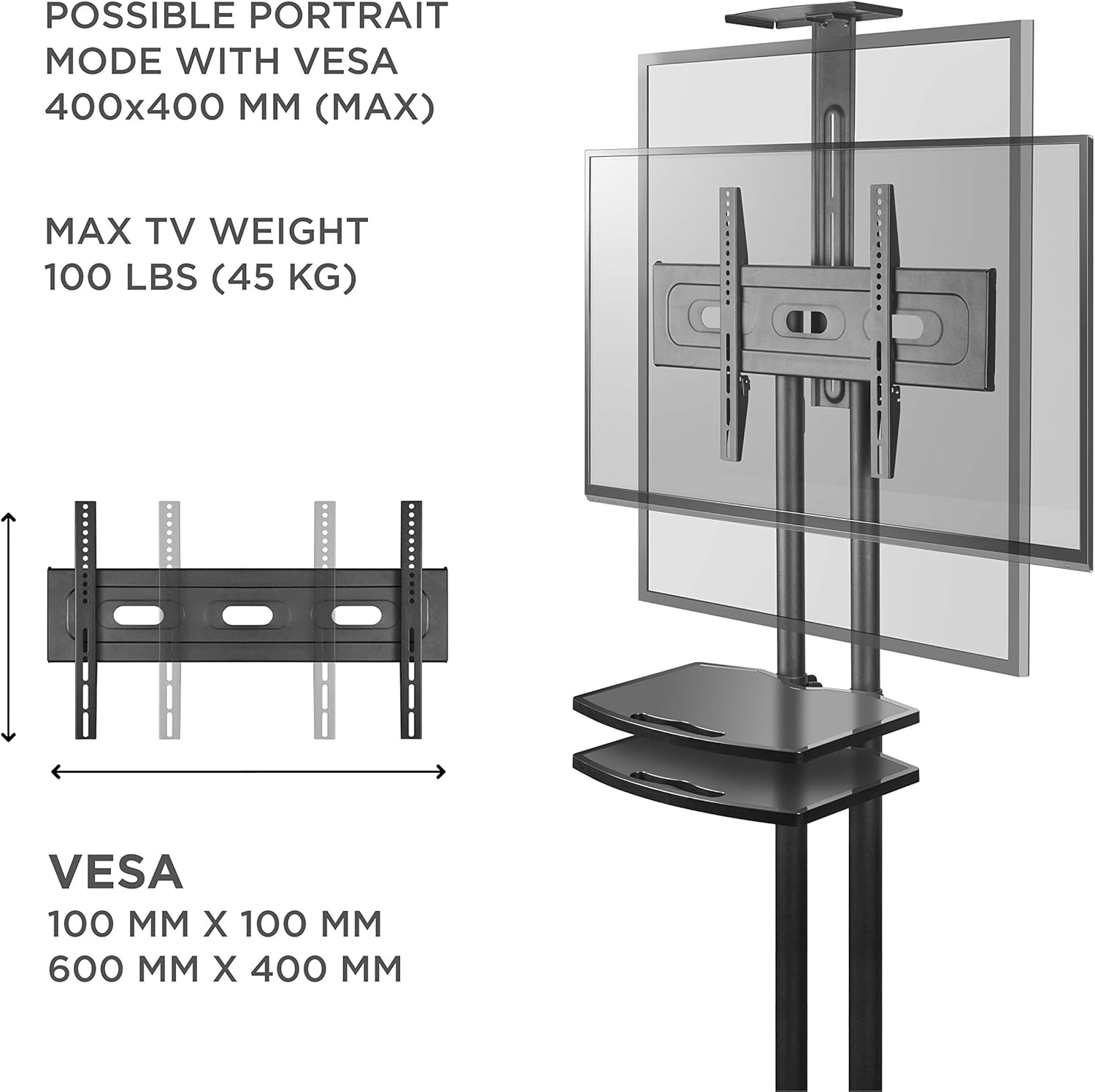 ONKRON Mobile TV Stand TV Cart with Wheels & 2 AV Shelves for 32” – 65 inch LCD LED OLED Flat Panel Plasma Screens up to 100 lbs Black TS1552: Electronics
