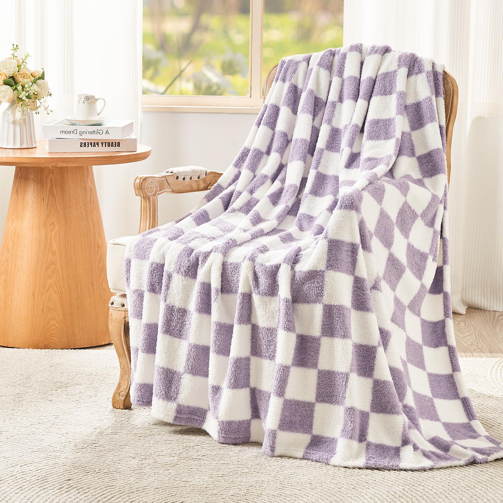 EMME Fleece Blanket Throw Blanket, Sherpa Fluffy Flannel Blanket, 200 x 230cm, Checkered Blankets, Soft Warm Cozy Throw Blankets for Bed, Couch, Sofa, Armchairs, Picnic, Purple