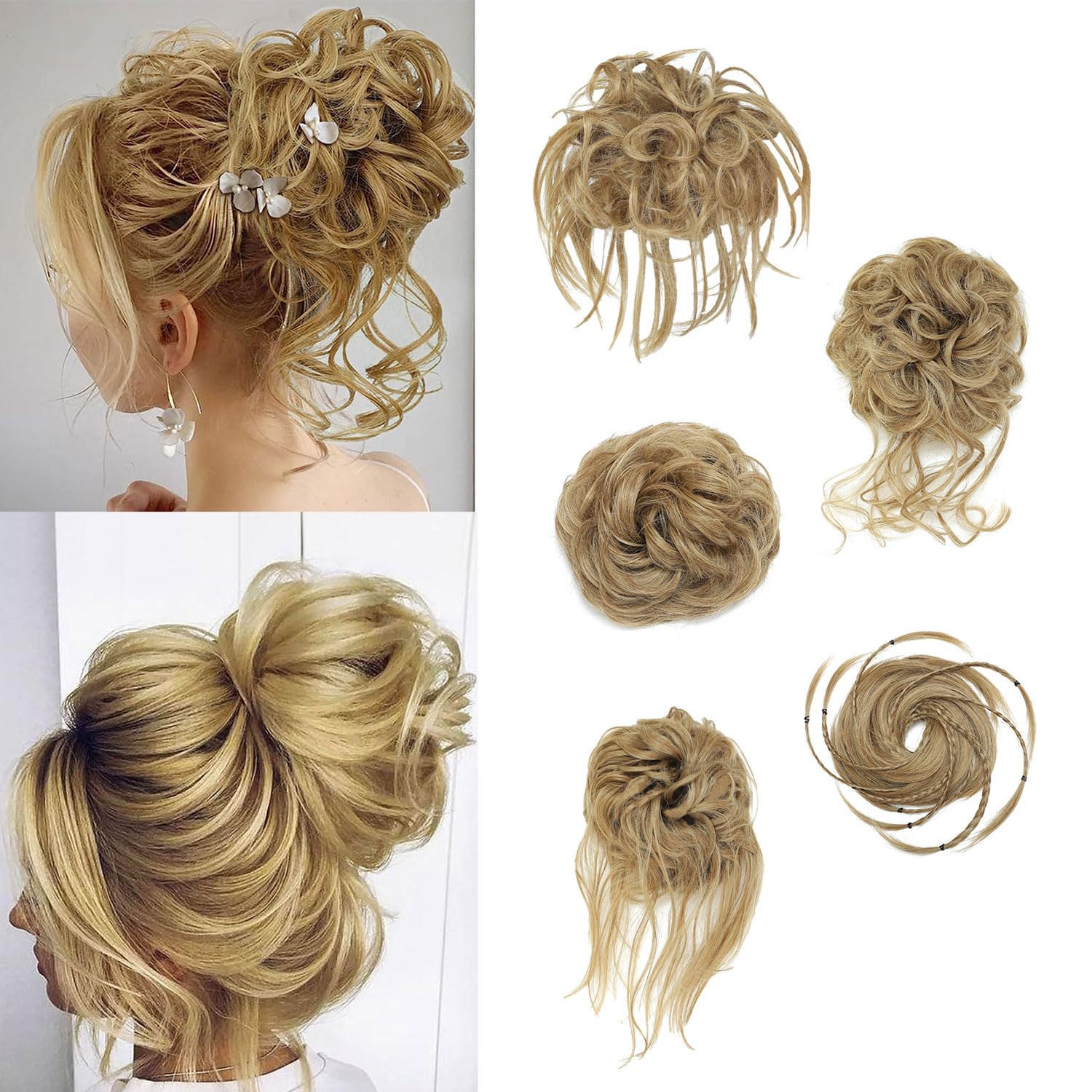 5 PCS Messy Bun Scrunchies Curly Wavy Messy Bun Hair Pieces for Women Hair Scrunchie HAIR Updo Accessories - Medium Golden Blonde