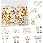 JJGQAZ 60 Pieces Pink Enamel Bow Charms Set, 6 Styles with Pearl and Crystal Accents, Gold-Tone Pendants for DIY Jewelry Making