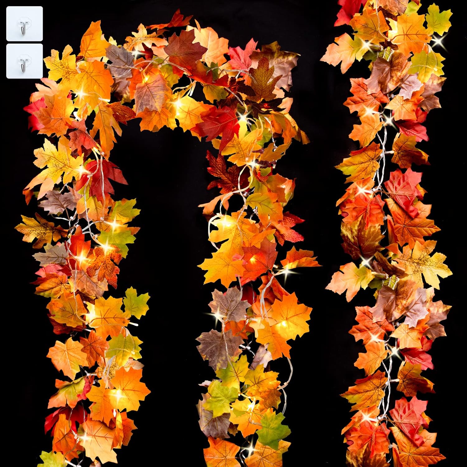String Lights - 2 Pack Lighted Fall Garland for Home Decorations, Total 20 Ft 60 Led Fall Lights Mixed 7 Colors Maple Leaves Battery Operated for Indoor Outdoor Autumn Harvest Thanksgiving Halloween Decor