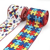 Habbiful 2 Rolls 10 Yard Autism Awareness Ribbon for Crafts Wreath Bow Making Autism Puzzle Piece Burlap Ribbon for Wrapping Charitable Party Awareness Campaigns Home Decoration,2.5 Inch