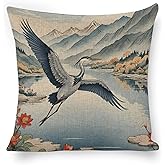 Flying Heron Japanese Illustration Style Animal Pillow Covers Invisible Zipper Birds Pillowcase Linen Pillow Cases 18x18 Inches Indoor Necessities Home Decor , for Car Sofa Bedroom Cushion Cover