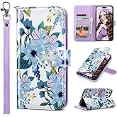 ULAK Compatible with iPhone 15 Pro Wallet Case with Card Holders, Floral PU Leatehr Flip Case Wallet for Women, Flower Design Kickstand Wrist Strap Shockproof 6.1'' Phone Case for Girl,Blossom