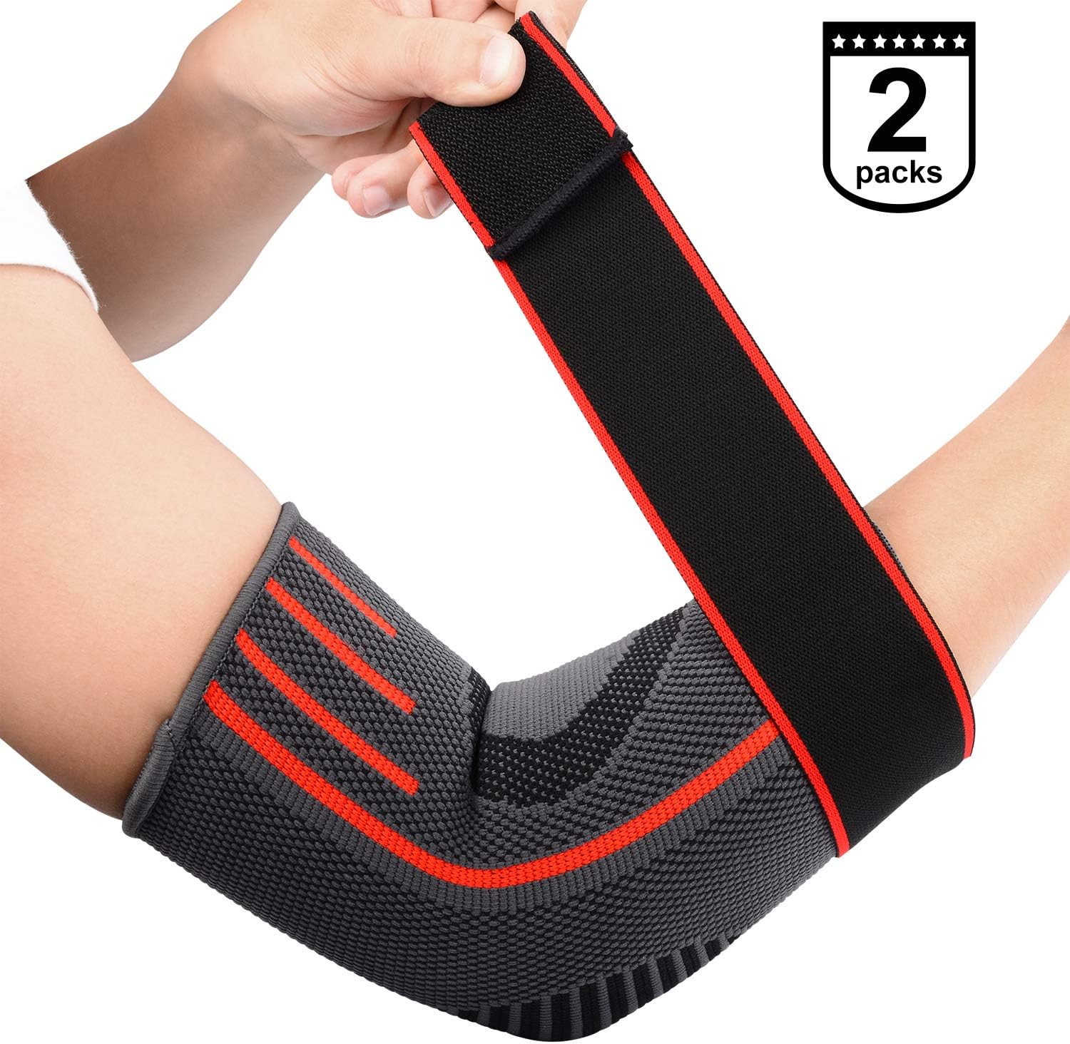 SupreGear Elbow Support Brace (2-Pack), Adjustable Breathable Nylon Elastic Elbow Sleeve Brace Compression Wrap for Golf Tennis Sports Training Women Men, Elbow Pain Relief (XL, Red)