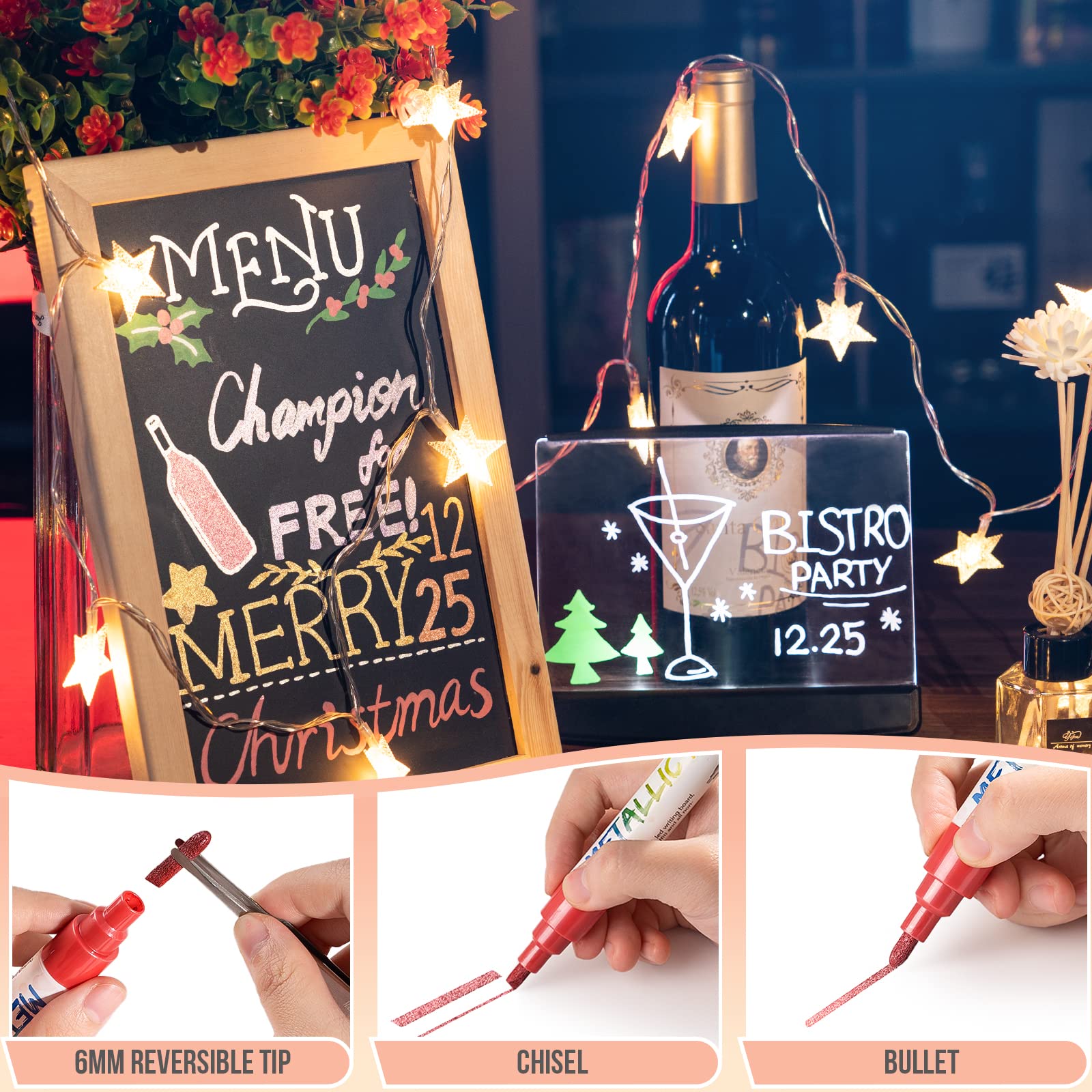 IJIANG Metallic Chalk Markers, 8 Colors, 6mm Reversible Bullet & Chisel Tip, Erasable for Chalkboard, Blackboard, Whiteboard, Glass