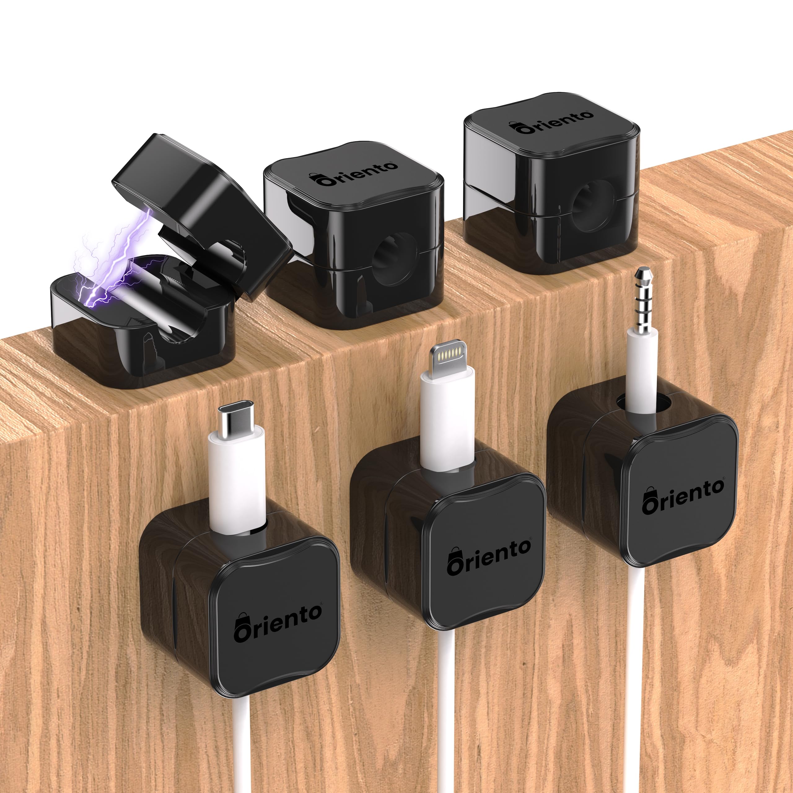 Oriento 6 Pack Magnetic Cable Clips, Adjustable Magnetic Cord Organizer Stick On, Magnetic cord holder For Desk, Nightstand, Charging Cables, Hdmi, Usb, Audio Cable, Office, Home, (Black)