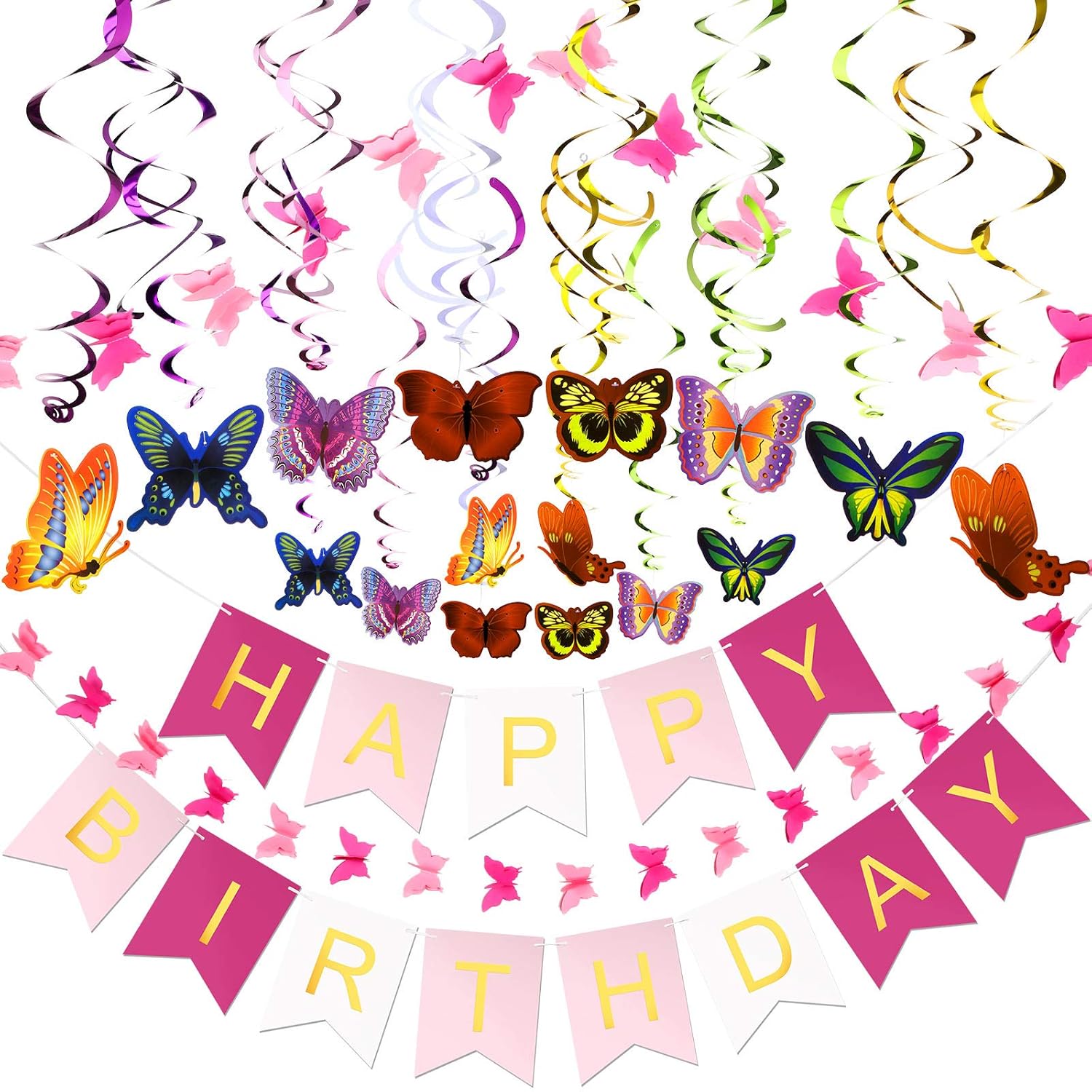 79 Pieces Butterfly Birthday Party Decorations Supplies Butterfly Hanging Swirls Paper Butterfly Garlands Happy Birthday Banner Backdrop for Home Classroom Birthday Garden Party (Classic Style)
