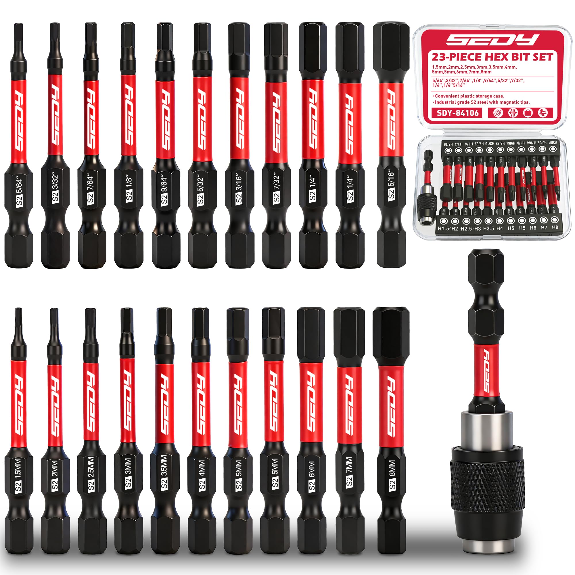 Photo 1 of 23-Piece Magnetic Hex Head Allen Wrench Drill Bit Set with 2.4" Impact Bit Holder, 1/4" Hex Shank Hex Bits, SAE & Metric Hex Screwdriver Bit Set, S2 Steel Allen Key, Mechanic Home Repair
