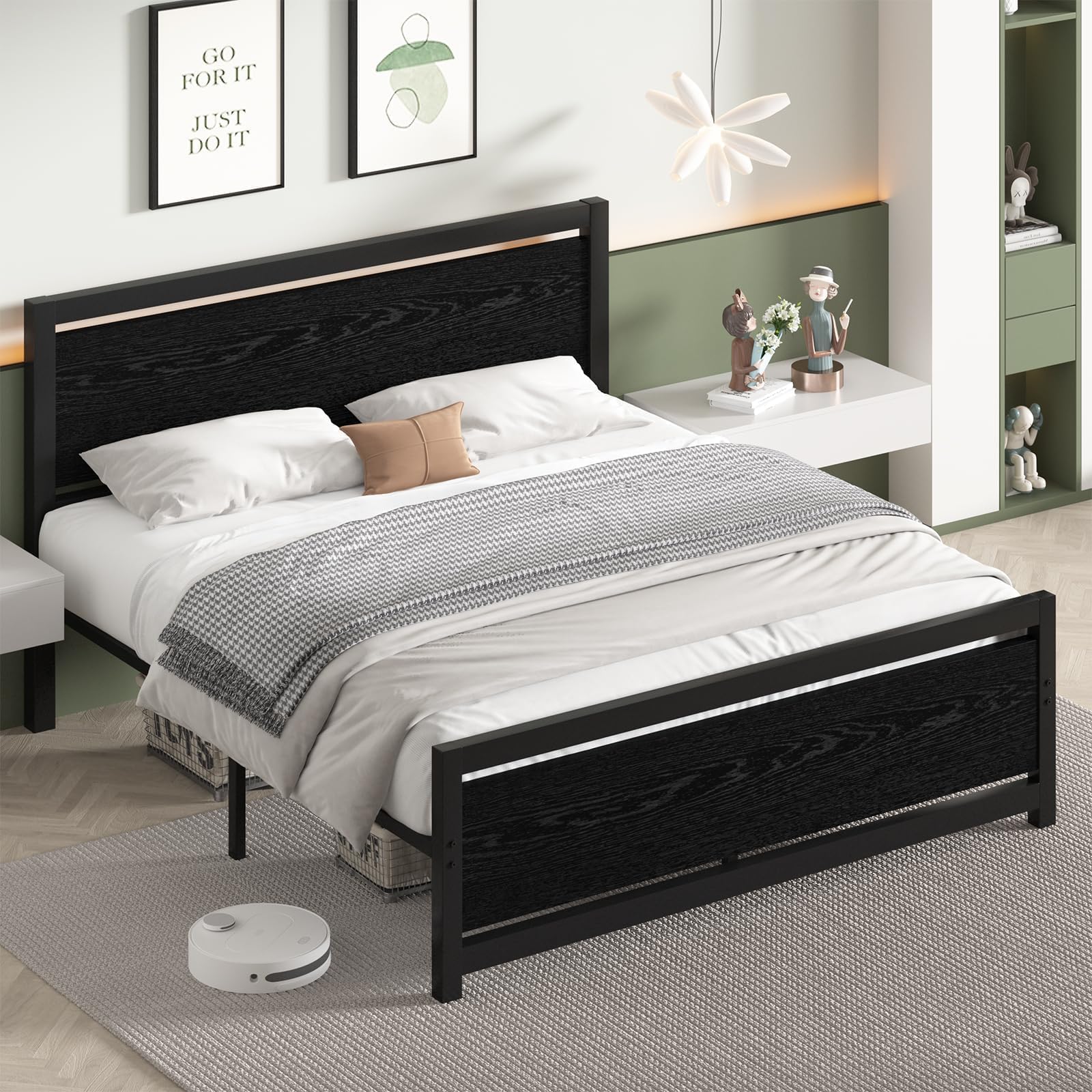 Photo 1 of *****photo stock for reference *****Catrimown Queen Bed Frame with Wood Headboard, Metal Queen Bed Frame with Strong Steel Slat Support, Heavy Duty Platform Bed, Under Bed Storage, Noise-Free, No Box Spring Needed, Easy Assembly, Black