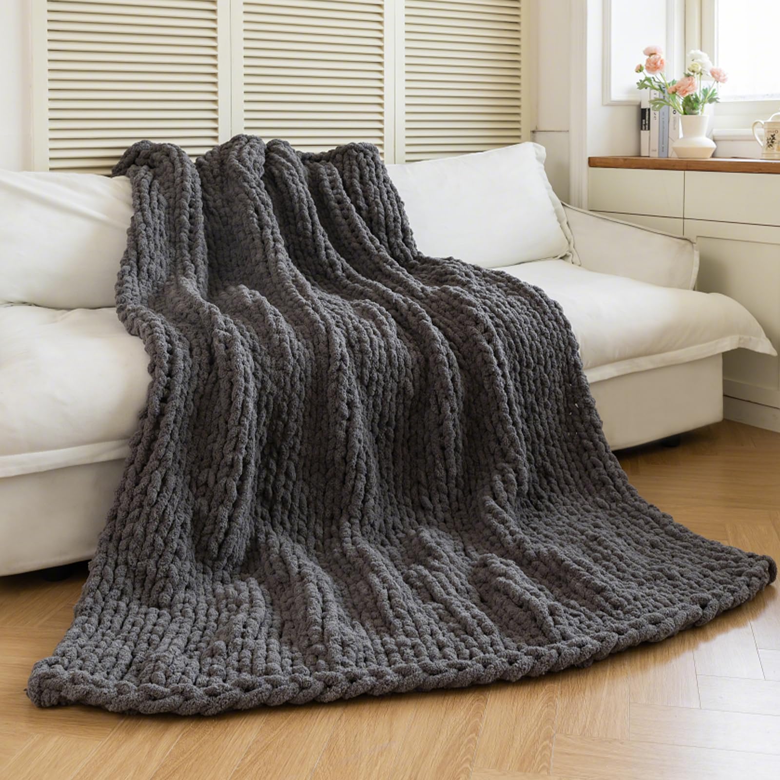 Larexius Chunky Knit Blanket - Luxury Soft Cozy 50 * 60 Throw Blanket,100% Woven Blanket Rope Knot Throw Blanket for Couch, Sofa, Home Decor, Gift - Machine Washable (Black Gray, 50 * 60)