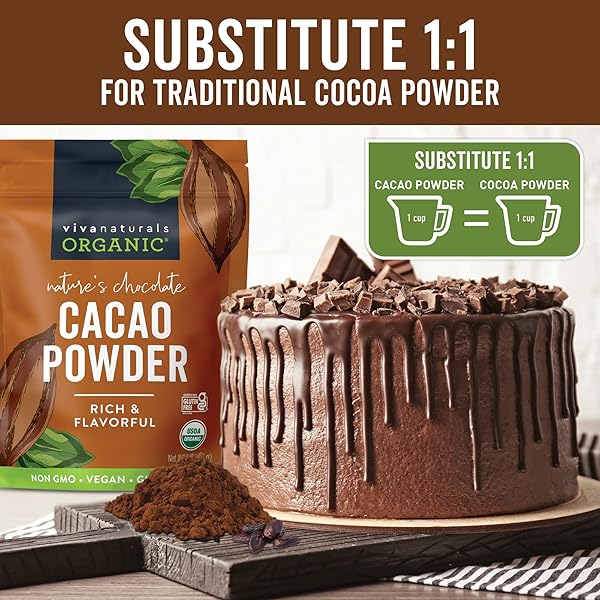 VIVA NATURALS ORGANIC CACAO POWDER, 1LB – UNSWEETENED CACAO POWDER WITH RICH DARK CHOCOLATE FLAVOR, PERFECT FOR BAKING & SMOOTHIES, NON-GMO, CERTIFIED VEGAN & GLUTEN-FREE, 454 G