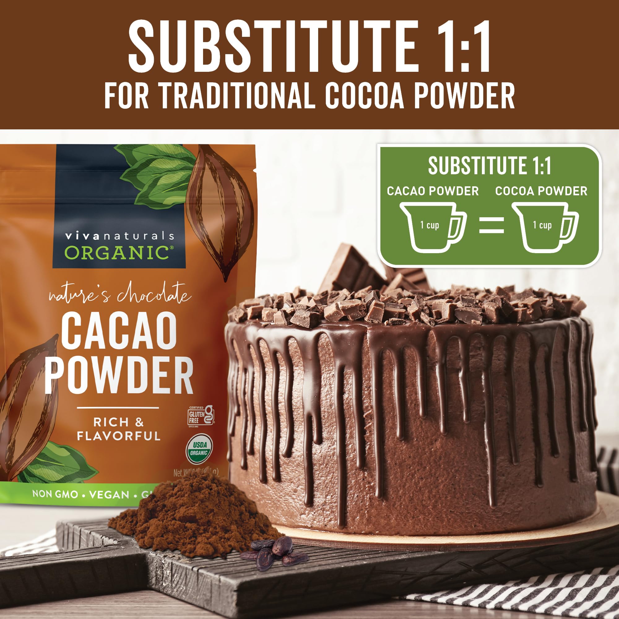 Viva Naturals Organic Cacao Powder, 1lb - Unsweetened Cacao Powder With Rich Dark Chocolate Flavor, Perfect for Baking & Smoothies, Non-GMO, Certified Vegan & Gluten-Free, 454 g