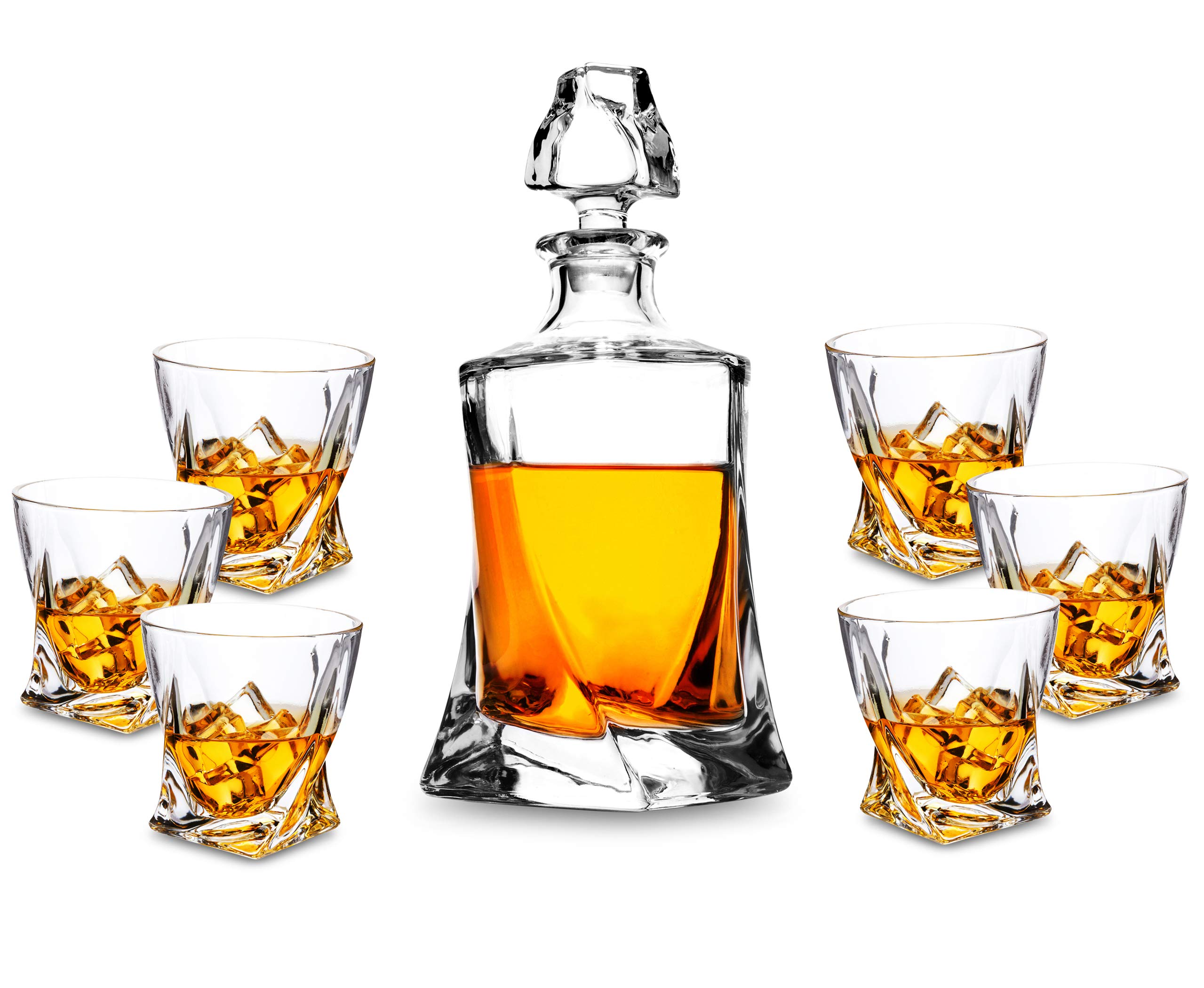 KANARS Whiskey Glasses and Decanter Set, 800 ml No-Lead Crystal Whisky Decanter with 6 Whiskey Glasses 300 ml, Unique Stylish Gift Box, 7-Piece