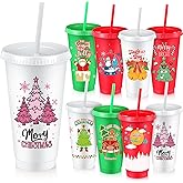 Skylety 24 Pcs Christmas Cups with Lids and Straws Bulk, 24 oz Reusable Plastic Christmas Tumblers Xmas Drinking Coffee Cups for Holiday Party Supplies and Home Office Gift