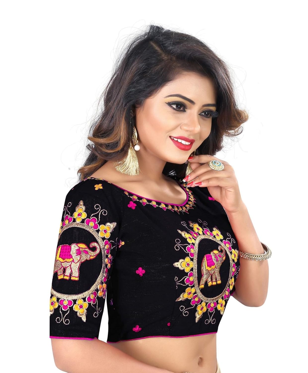 flowers fashion black banglori cotton silk readymade embroidery designer saree blouse